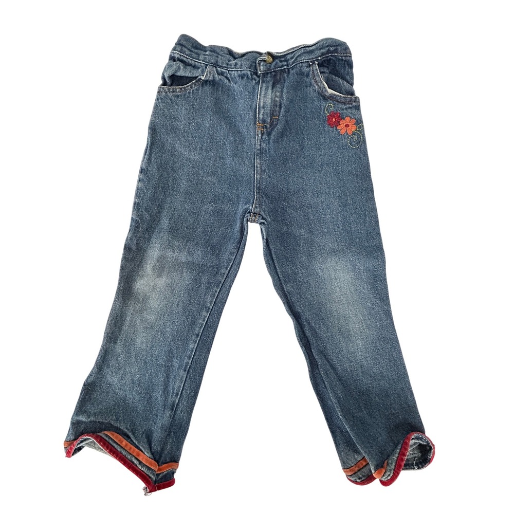 VTG Winnie‎ the Pooh Embroidered Flower Trim Jeans 4T Blue Denim Kid Cottagecore